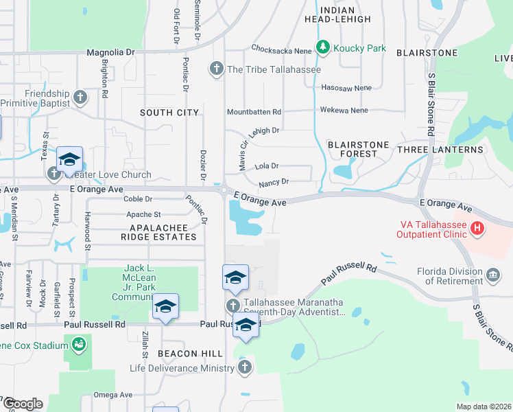 map of restaurants, bars, coffee shops, grocery stores, and more near 1259 Orange Avenue in Tallahassee