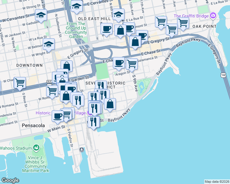 map of restaurants, bars, coffee shops, grocery stores, and more near 518 East Government Street in Pensacola