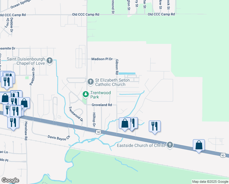 map of restaurants, bars, coffee shops, grocery stores, and more near 50 Highland Park 2 in Ocean Springs