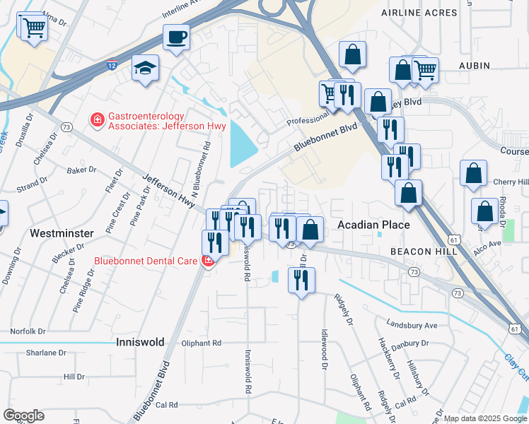 map of restaurants, bars, coffee shops, grocery stores, and more near 9771 Jefferson Highway in Baton Rouge
