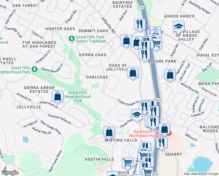 map of restaurants, bars, coffee shops, grocery stores, and more near 11266 Taylor Draper Lane in Austin