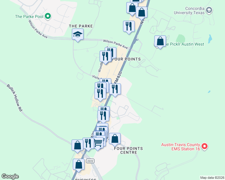 map of restaurants, bars, coffee shops, grocery stores, and more near 7655-7805 Farm to Market 620 North in Austin