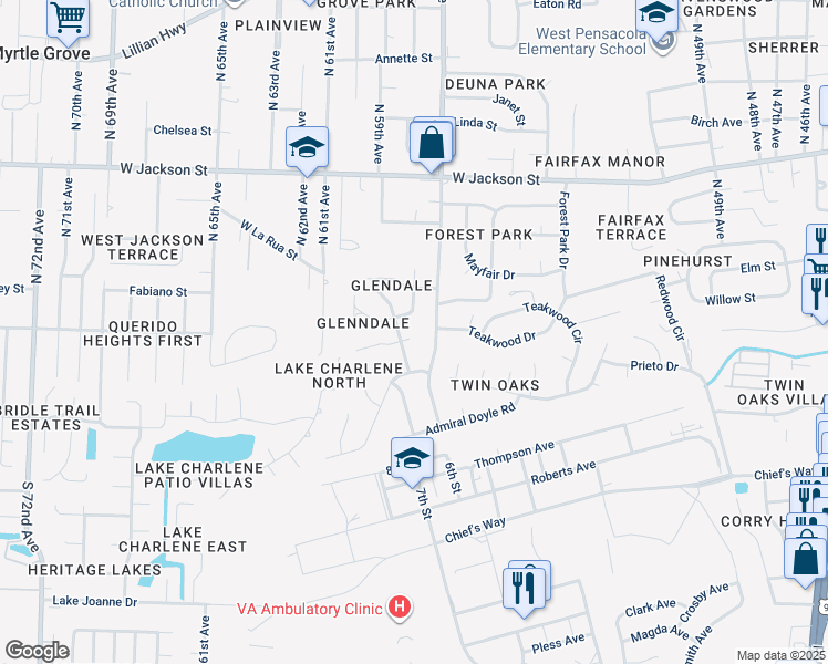 map of restaurants, bars, coffee shops, grocery stores, and more near 222 Strickland Place in Pensacola