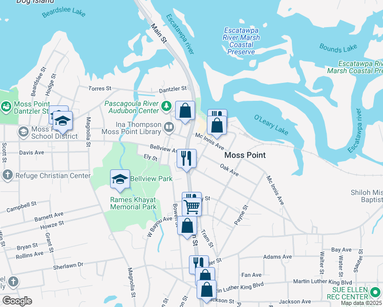 map of restaurants, bars, coffee shops, grocery stores, and more near 4836 Main Street in Moss Point
