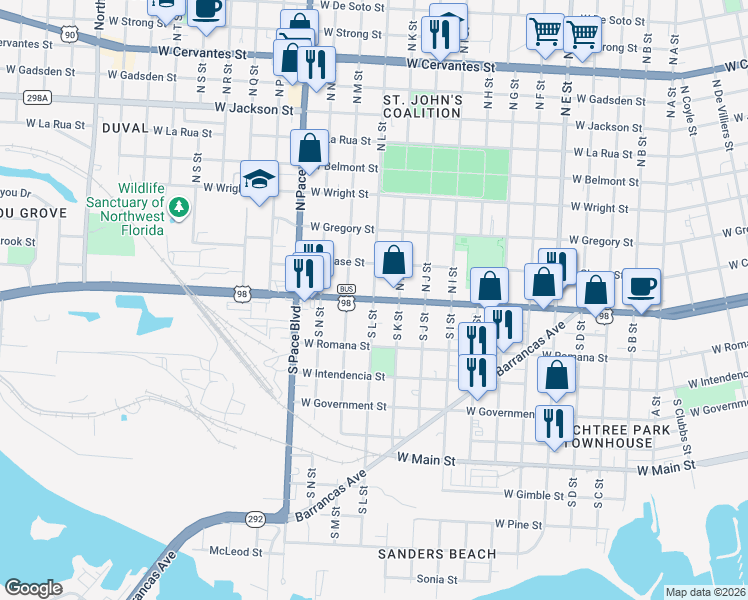 map of restaurants, bars, coffee shops, grocery stores, and more near 2 South L Street in Pensacola