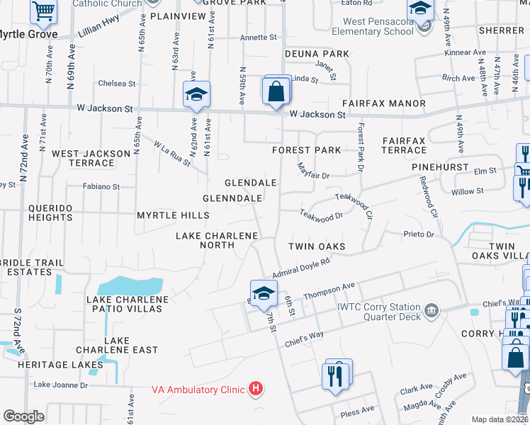 map of restaurants, bars, coffee shops, grocery stores, and more near 222 Strickland Place in Pensacola