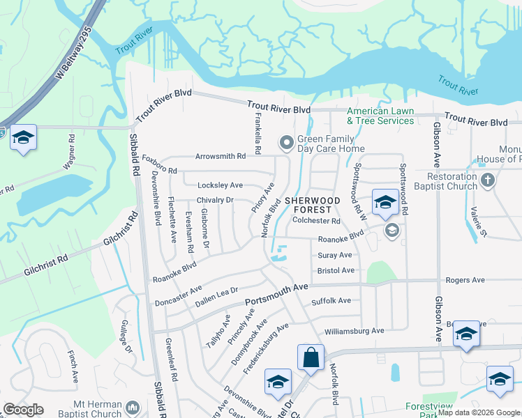 map of restaurants, bars, coffee shops, grocery stores, and more near 9603 Priory Avenue in Jacksonville