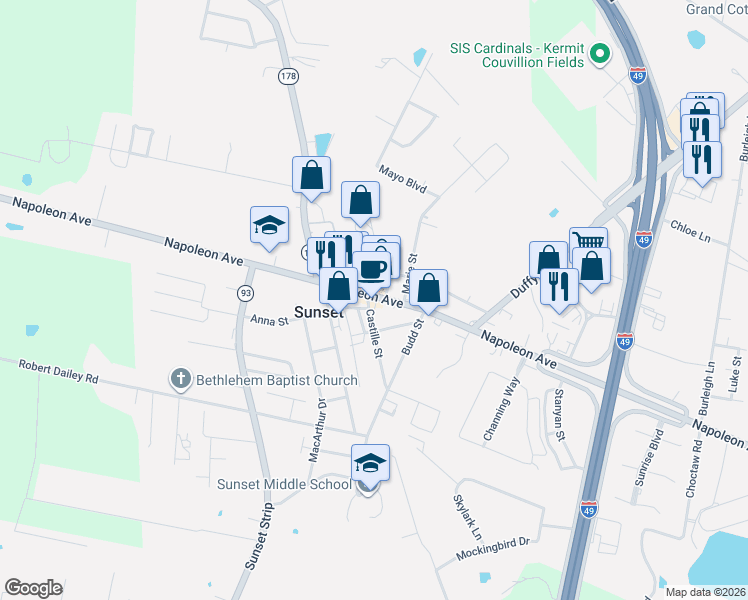 map of restaurants, bars, coffee shops, grocery stores, and more near 141 Sibille Street in Sunset