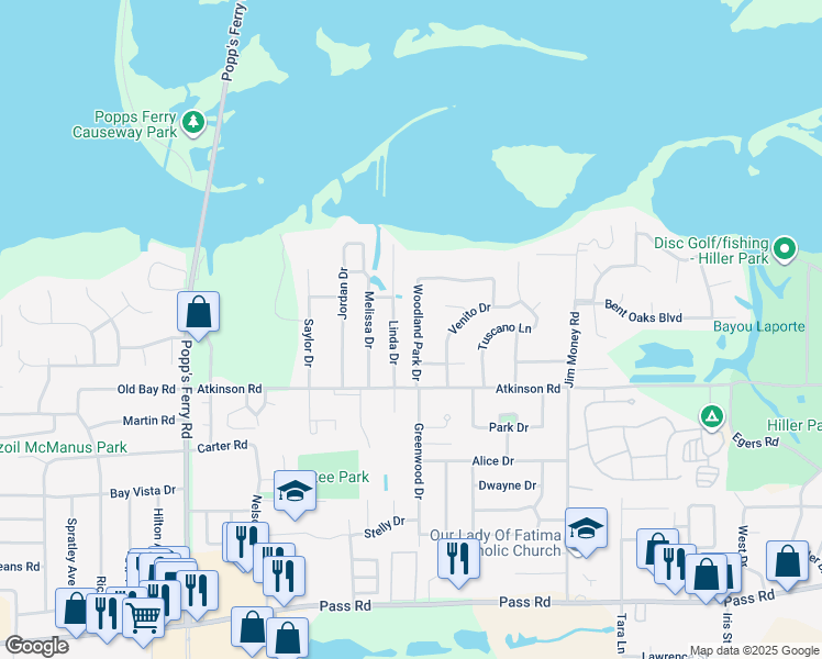 map of restaurants, bars, coffee shops, grocery stores, and more near 421 Woodland Park Drive in Biloxi