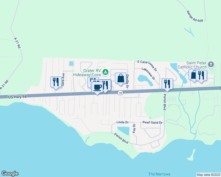 map of restaurants, bars, coffee shops, grocery stores, and more near 203 Seville Circle in Mary Esther