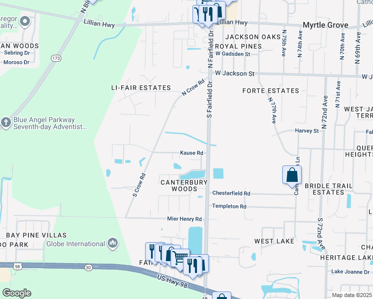 map of restaurants, bars, coffee shops, grocery stores, and more near 8182 Kause Road in Pensacola
