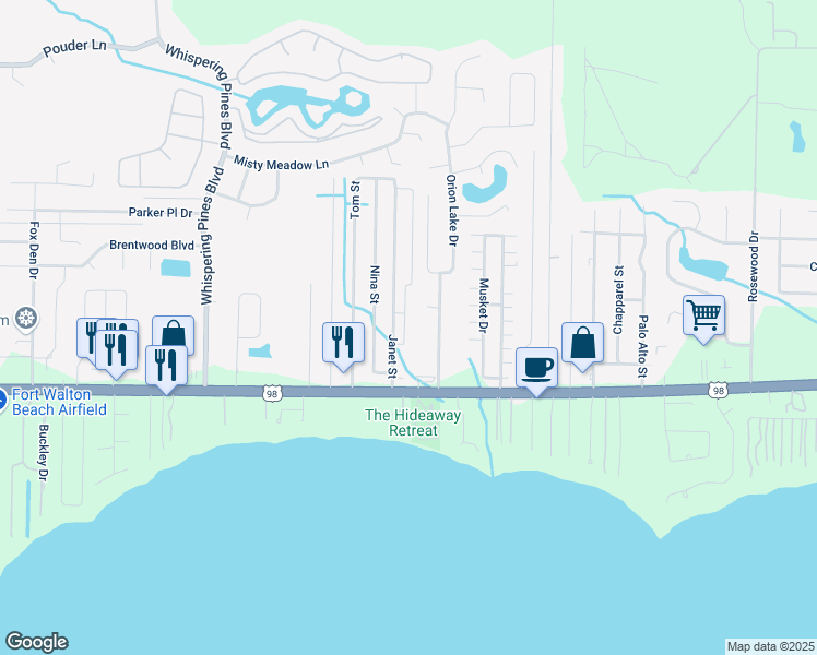 map of restaurants, bars, coffee shops, grocery stores, and more near 2177 Orion Parker Drive in Navarre