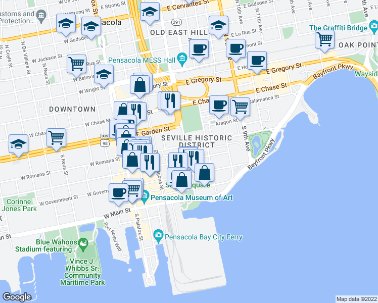 map of restaurants, bars, coffee shops, grocery stores, and more near 90 South Alcaniz Street in Pensacola