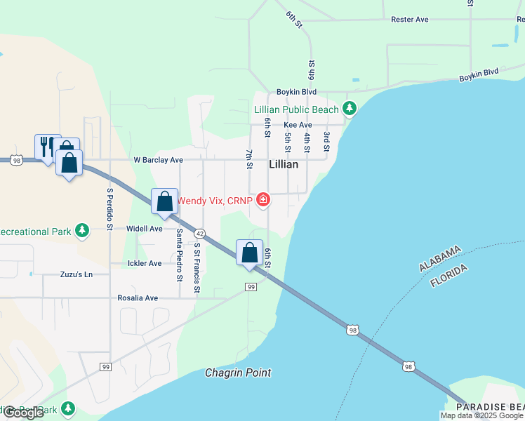 map of restaurants, bars, coffee shops, grocery stores, and more near 12860 7th St in Lillian