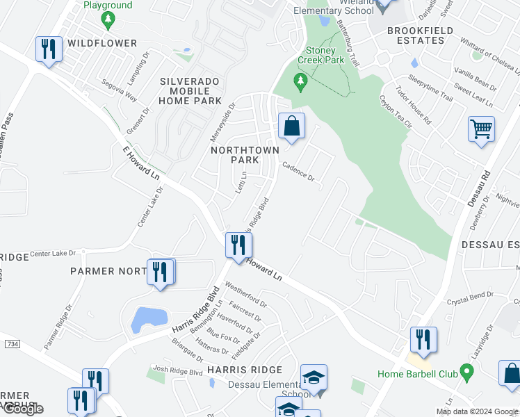 map of restaurants, bars, coffee shops, grocery stores, and more near 13708 Harris Ridge Boulevard in Pflugerville