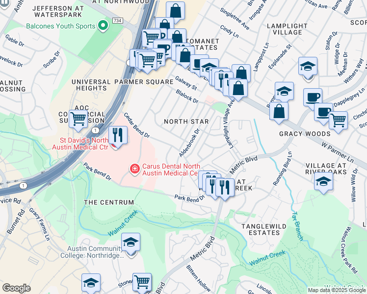 map of restaurants, bars, coffee shops, grocery stores, and more near 2201 Thornwild Pass in Austin