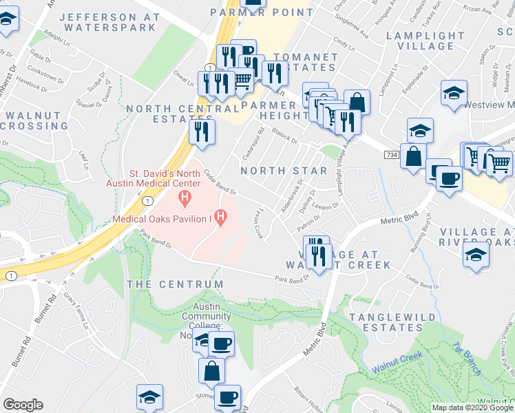 map of restaurants, bars, coffee shops, grocery stores, and more near 2300 Cedar Bend Drive in Austin