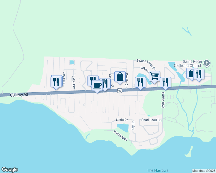 map of restaurants, bars, coffee shops, grocery stores, and more near 205 Seville Circle in Mary Esther