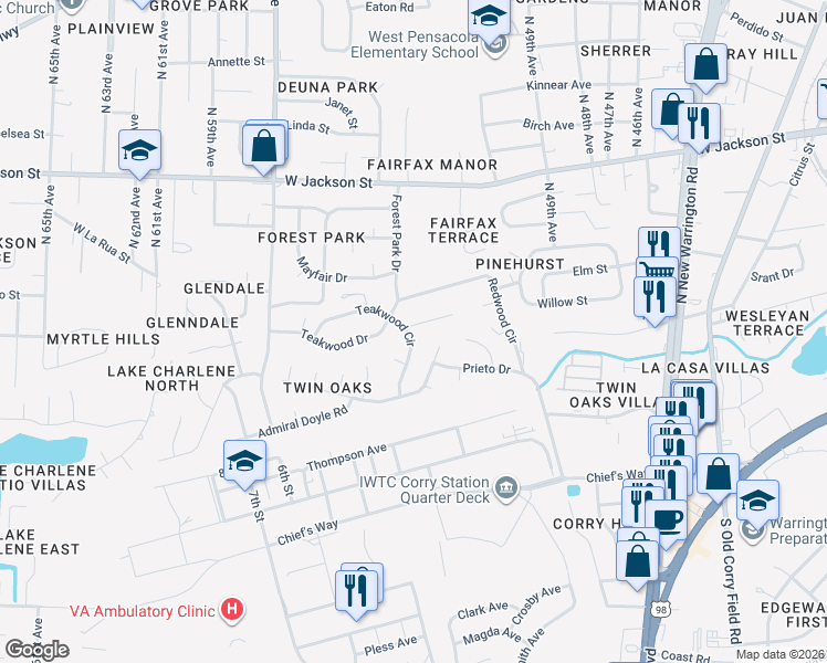 map of restaurants, bars, coffee shops, grocery stores, and more near 4980 Catalina Circle in Pensacola