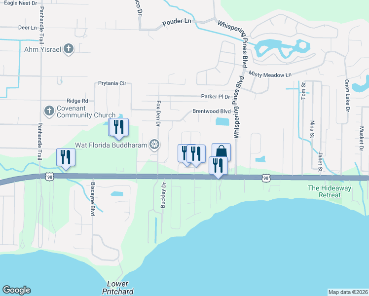 map of restaurants, bars, coffee shops, grocery stores, and more near 2157 Estate Circle in Navarre