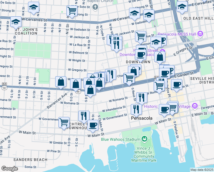 map of restaurants, bars, coffee shops, grocery stores, and more near 7 North Coyle Street in Pensacola