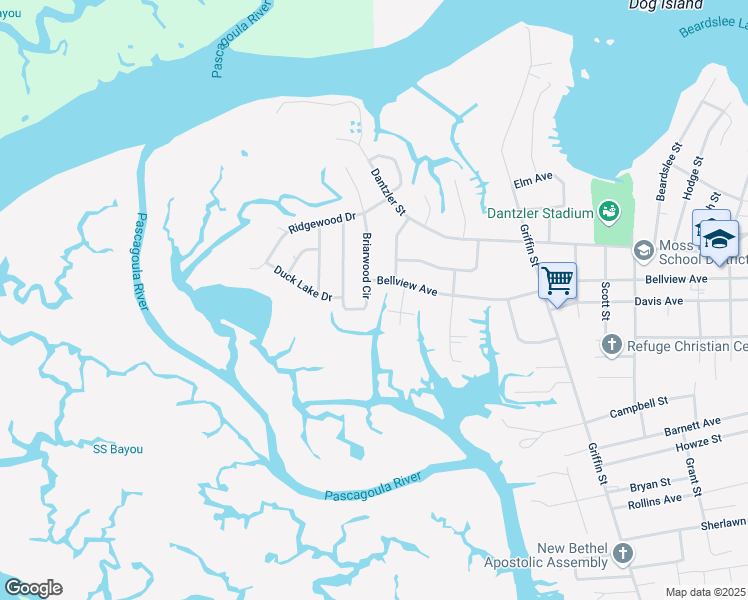 map of restaurants, bars, coffee shops, grocery stores, and more near 2806 Bellview Avenue in Moss Point