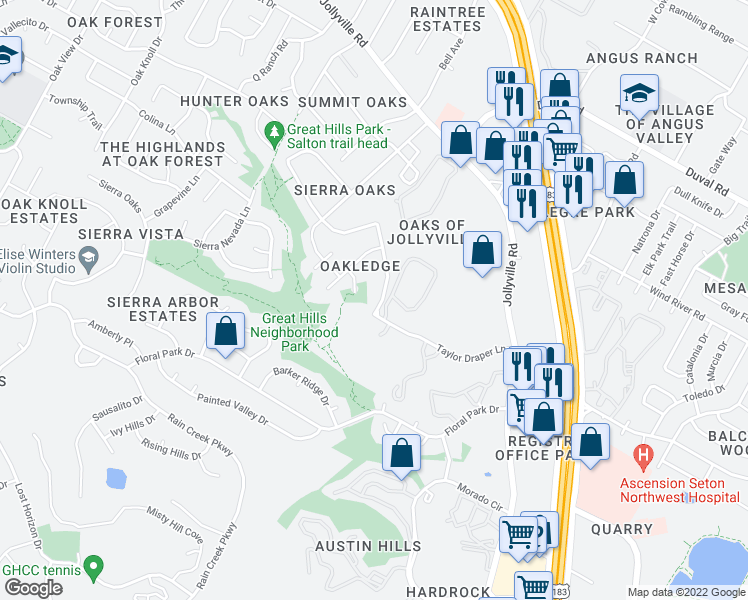 map of restaurants, bars, coffee shops, grocery stores, and more near 11288 Taylor Draper Lane in Austin