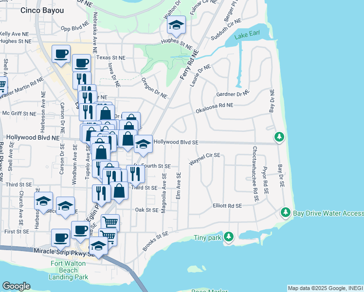 map of restaurants, bars, coffee shops, grocery stores, and more near 300 Hollywood Boulevard Northeast in Fort Walton Beach