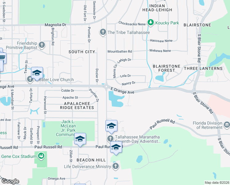 map of restaurants, bars, coffee shops, grocery stores, and more near 1245 East Orange Avenue in Tallahassee