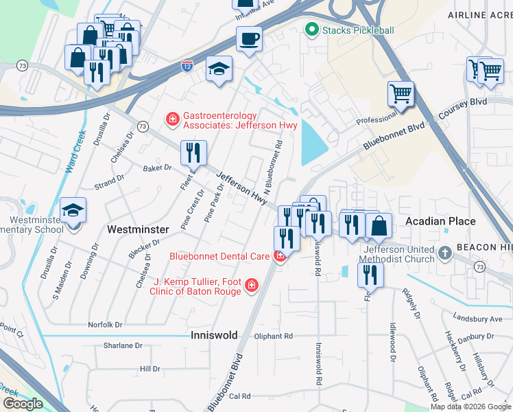 map of restaurants, bars, coffee shops, grocery stores, and more near 9304 Jefferson Highway in Baton Rouge