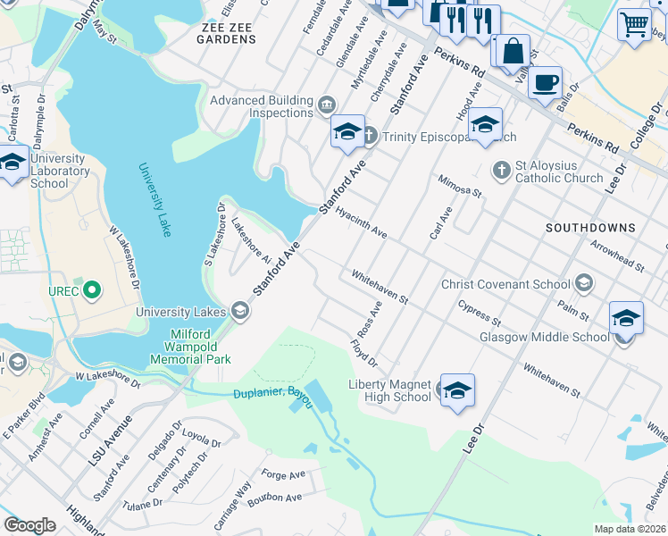 map of restaurants, bars, coffee shops, grocery stores, and more near 3515 Stanford Oaks Avenue in Baton Rouge