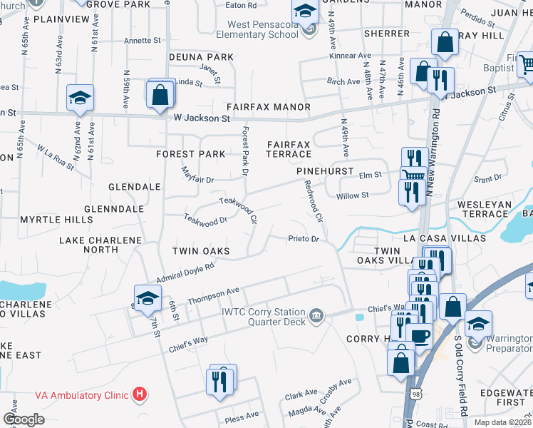 map of restaurants, bars, coffee shops, grocery stores, and more near 4980 Catalina Circle in Pensacola