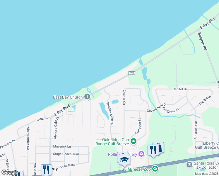 map of restaurants, bars, coffee shops, grocery stores, and more near 5731 East Bay Boulevard in Gulf Breeze