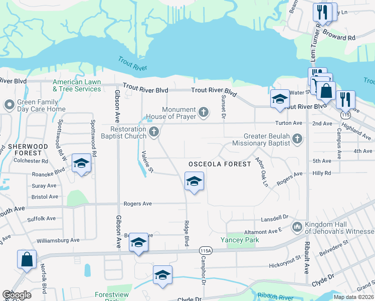 map of restaurants, bars, coffee shops, grocery stores, and more near 9654 Ronnie Street in Jacksonville