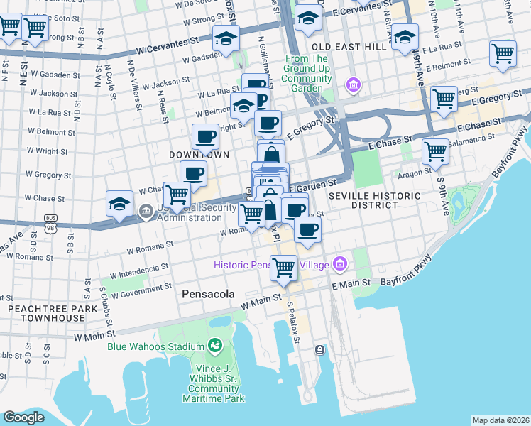 map of restaurants, bars, coffee shops, grocery stores, and more near 19 West Garden Street in Pensacola