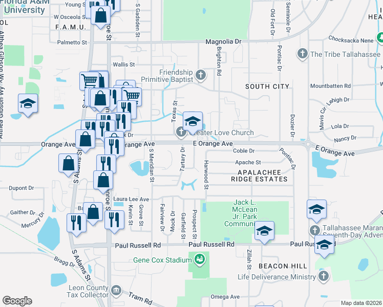 map of restaurants, bars, coffee shops, grocery stores, and more near 2801 Southwood Drive in Tallahassee