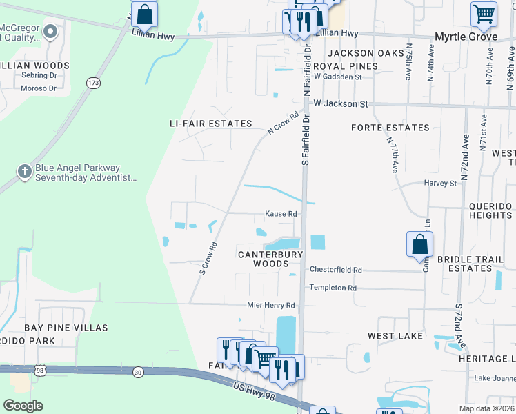 map of restaurants, bars, coffee shops, grocery stores, and more near 50 North Crow Road in Pensacola