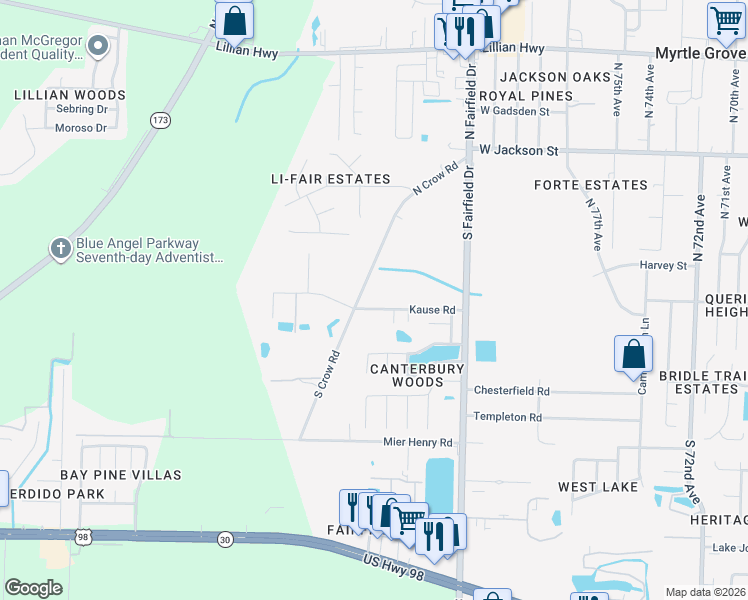 map of restaurants, bars, coffee shops, grocery stores, and more near 50 North Crow Road in Pensacola