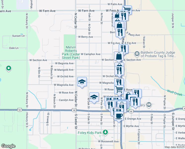 map of restaurants, bars, coffee shops, grocery stores, and more near 315 West Marigold Avenue in Foley