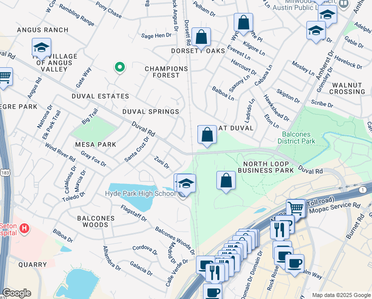 map of restaurants, bars, coffee shops, grocery stores, and more near 4300 Acropolis Court in Austin