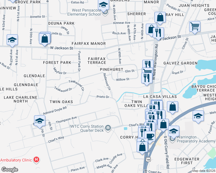 map of restaurants, bars, coffee shops, grocery stores, and more near 51 Lehigh Circle in Pensacola