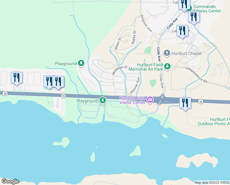 map of restaurants, bars, coffee shops, grocery stores, and more near 108 McMillan Street in Hurlburt Field