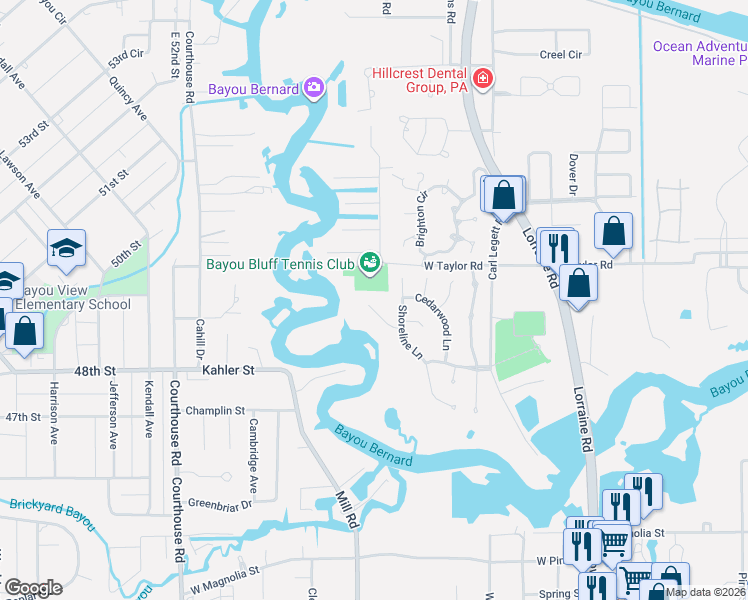 map of restaurants, bars, coffee shops, grocery stores, and more near 4 Bayou Place in Gulfport