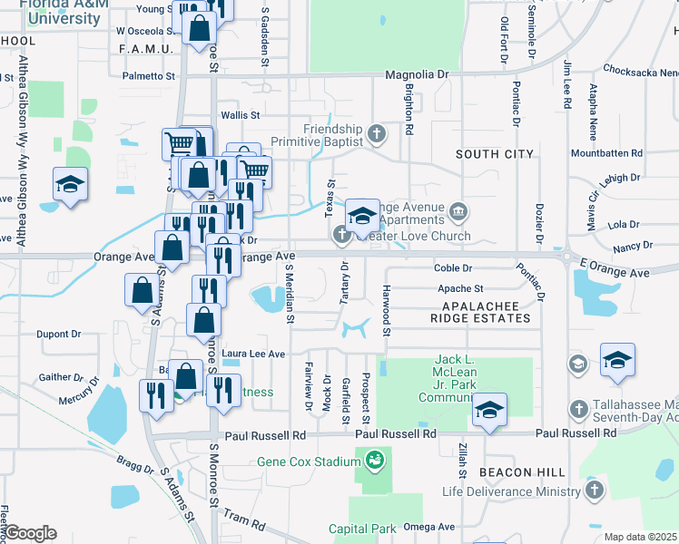 map of restaurants, bars, coffee shops, grocery stores, and more near 2808 Tartary Drive in Tallahassee