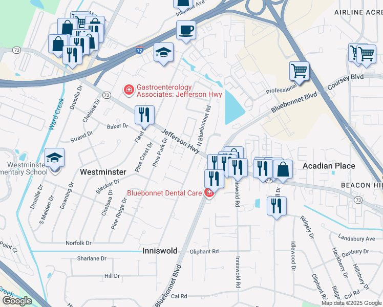 map of restaurants, bars, coffee shops, grocery stores, and more near 9308 Jefferson Highway in Baton Rouge