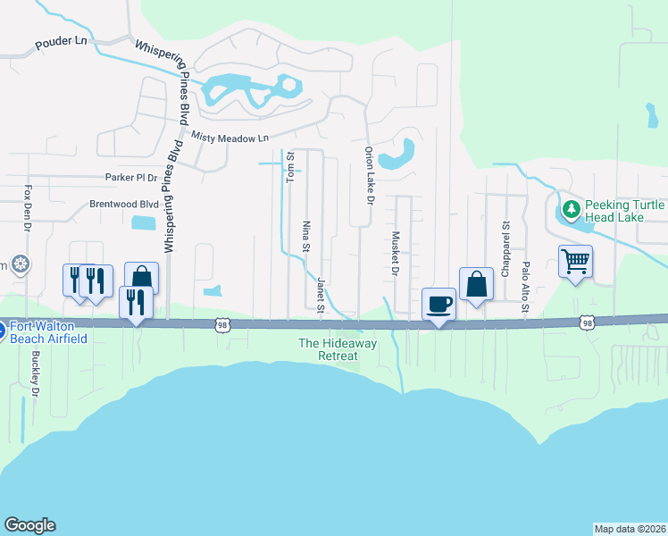 map of restaurants, bars, coffee shops, grocery stores, and more near 2177 Orion Parker Drive in Navarre