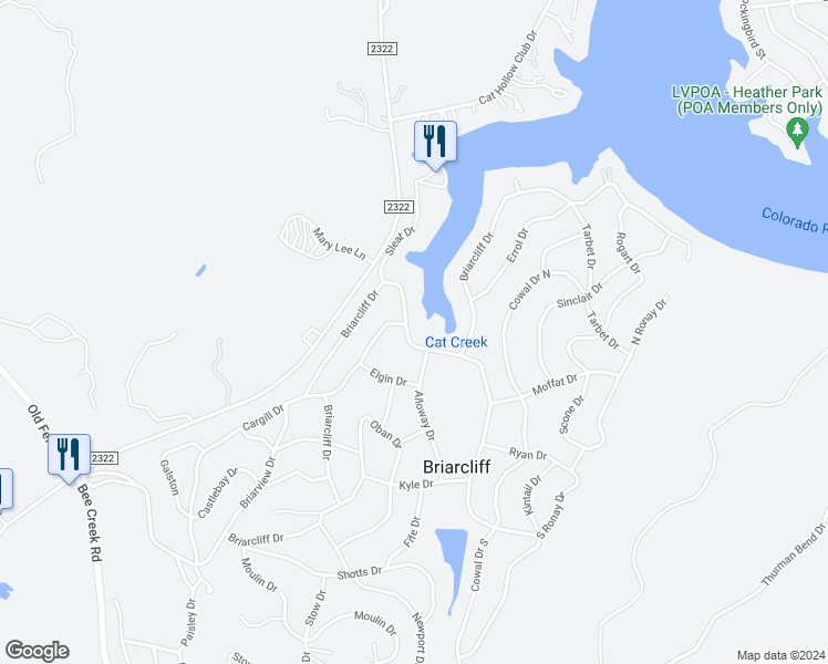 map of restaurants, bars, coffee shops, grocery stores, and more near 22110 Briarcliff Drive in Briarcliff