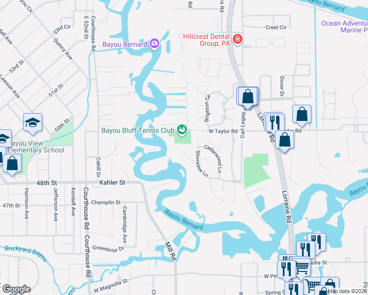 map of restaurants, bars, coffee shops, grocery stores, and more near 4 Bayou Place in Gulfport