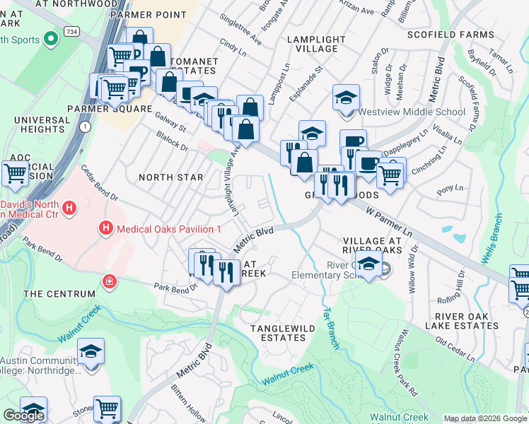 map of restaurants, bars, coffee shops, grocery stores, and more near 12345 Lamplight Village Avenue in Austin