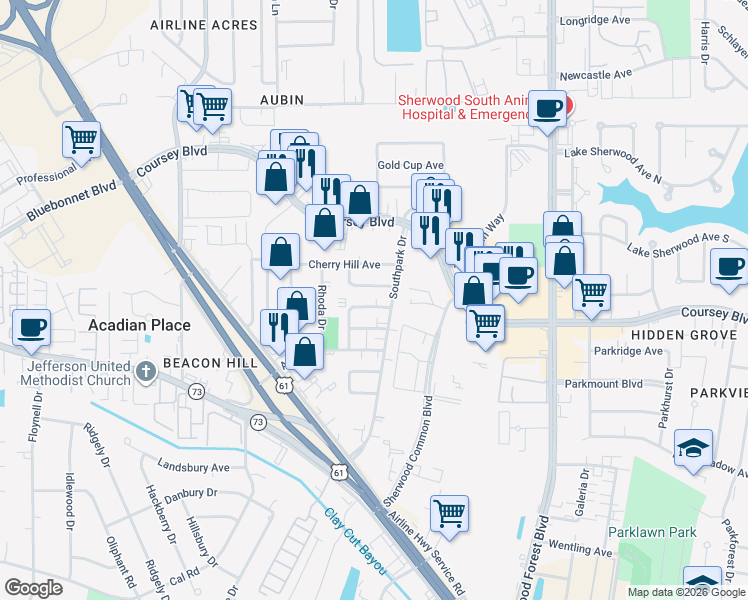 map of restaurants, bars, coffee shops, grocery stores, and more near 10950 Leton Drive in Baton Rouge